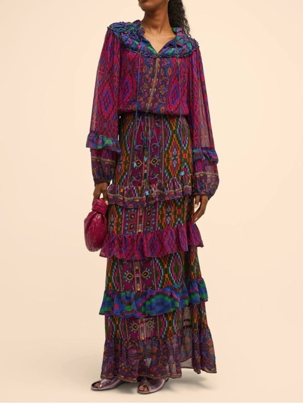 Farm Rio Sz Small Mixed Tapestry Maxi Dress Long Sleeve Blue Green Purple